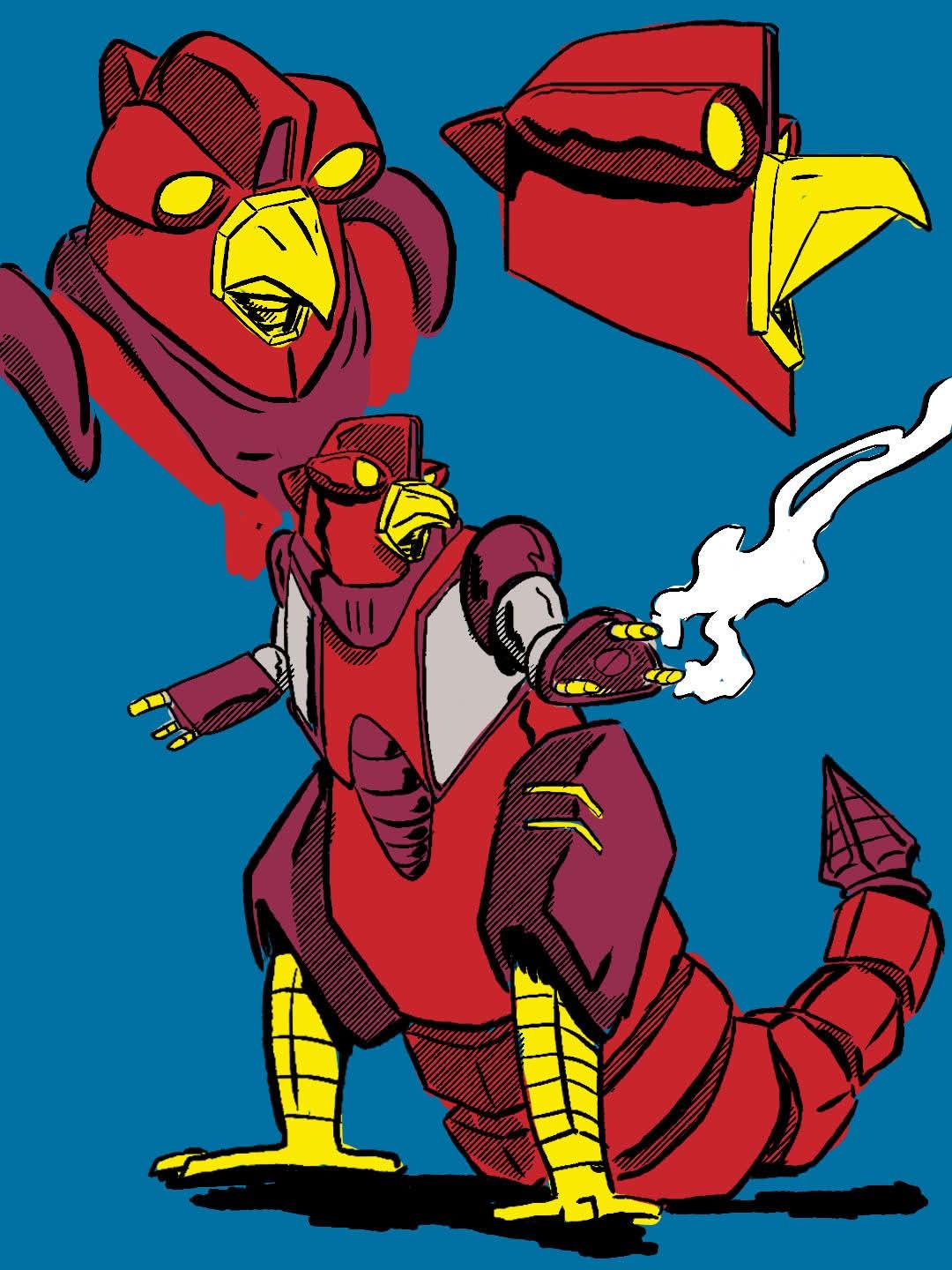 Comic illustration of a red robotic surveillance bird, the mascot of the Flock Off Cobb campaign