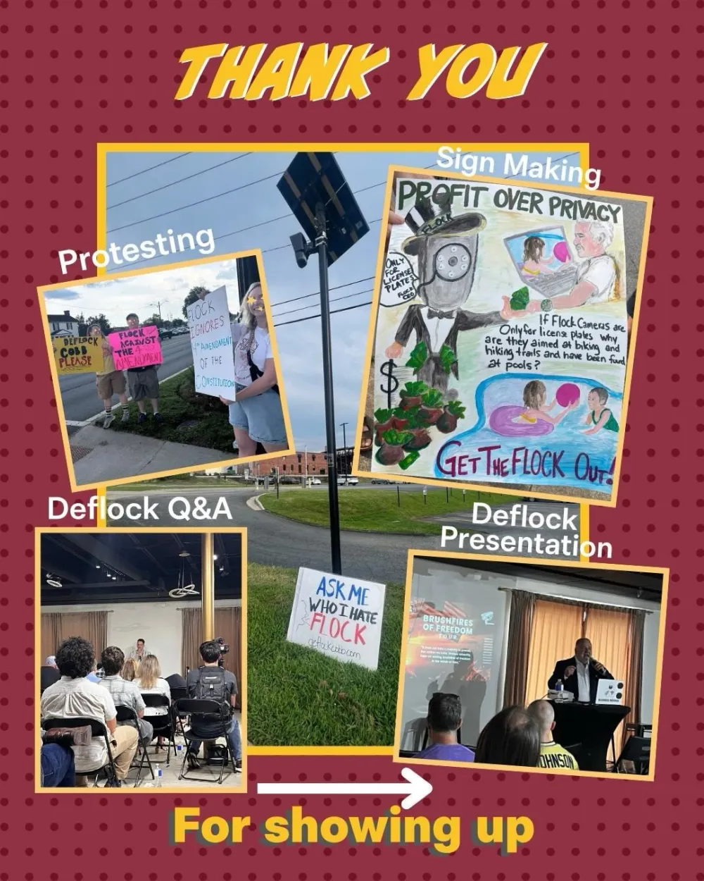 Thank you. A collage of photographs from the Week of Action: residents protesting at a roadside holding hand-made signs reading Deflock Cobb Please and Flock Ignores the 4th Amendment of the Constitution; a hand-painted poster from the sign-making session headed Profit Over Privacy, asking why Flock cameras are aimed at biking and hiking trails and have been found at pools; a DeFlock Q and A in front of a seated audience; a yard sign reading Ask me who I hate, Flock, deflockcobb.com; and a speaker at the DeFlock presentation. Underneath, the words For showing up.