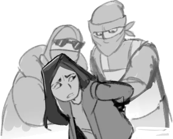 Pencil drawing of two masked agents in dark sunglasses taking hold of a young woman.