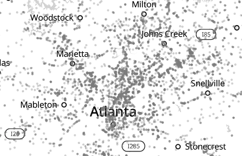 Dot-density map of metro Atlanta, each dot a surveillance camera, densest inside the perimeter.