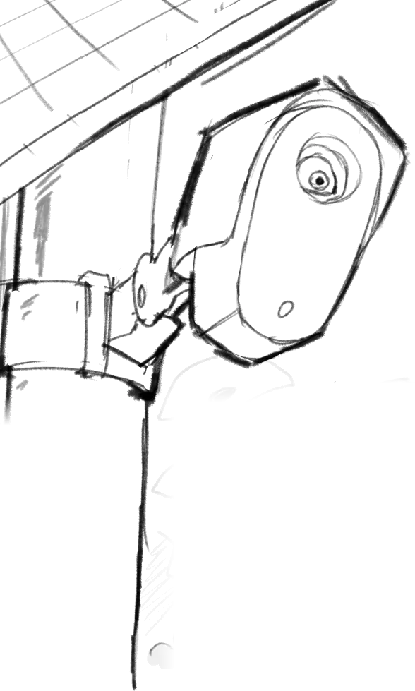 A Flock camera mounted on a tall pole, looming out of the dark.