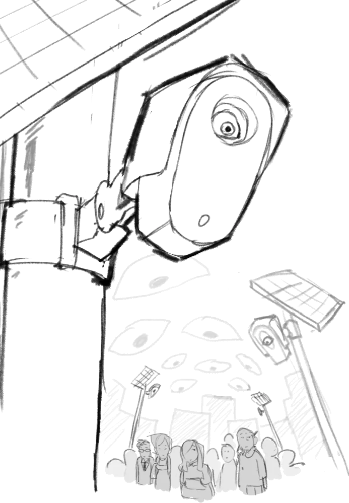 Pencil drawing looking up at a solar-powered camera mounted on a pole above a crowd of people.