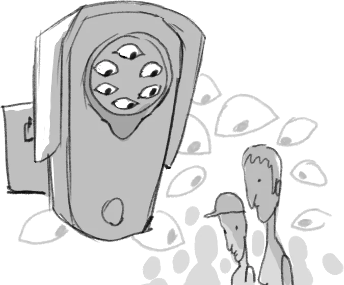 Pencil drawing of a Flock camera with many eyes, two figures standing beneath it.