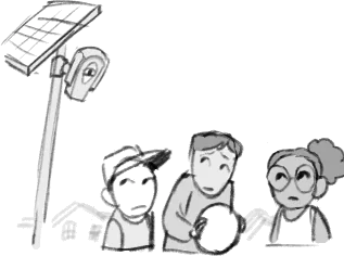 Pencil drawing of three neighbours standing under a solar-powered camera on a pole.