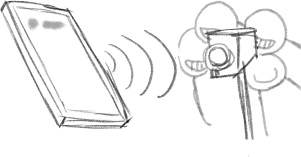 Pencil drawing of a mobile phone emitting signal waves toward a camera on a pole.