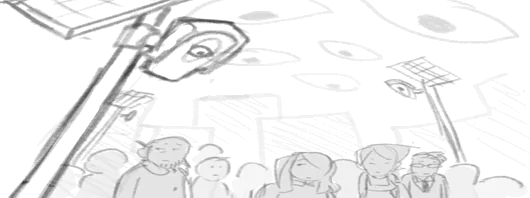 Faint pencil drawing of a camera on a pole above a crowd.