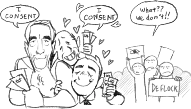 Pencil drawing of a crowd. Officials say 'I consent' while protesters hold DeFlock signs and shout 'what?? we don't!!'