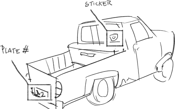 Pencil drawing of a pickup truck with callouts labelling its plate number and a bumper sticker.