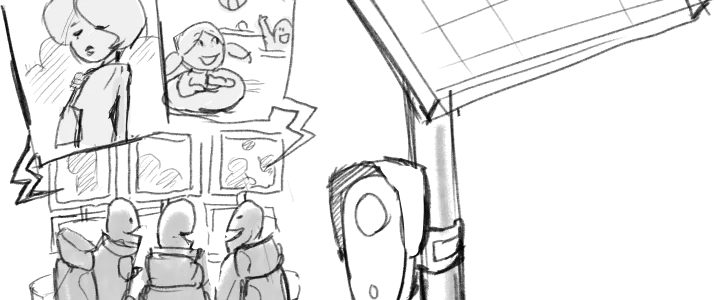 Pencil drawing of figures framed in a window beside a camera arm.